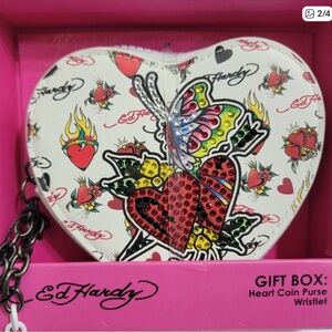 NWT Ed Hardy White Heart Wristlet with Colorful Tattoo Design